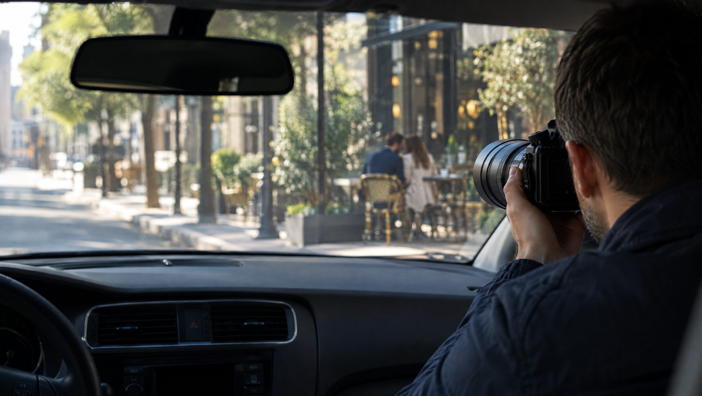 Imagem ilustrativa: de dentro de um carro, investigador fotografa discretamente um casal sentado em um café do outro lado da rua.