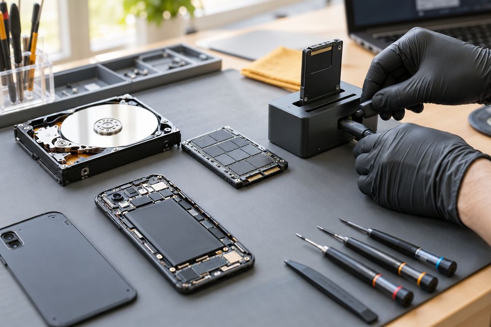 Mãos com luvas conectando um SSD a uma base de leitura, ao lado de um HD aberto e de um celular desmontado.