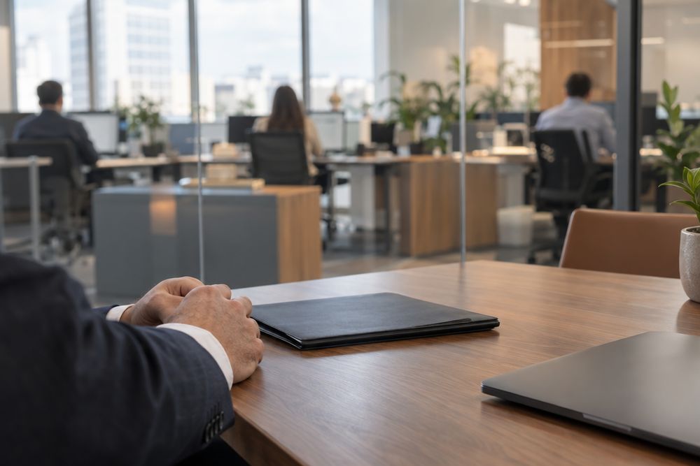 Mãos sobre uma mesa de reunião com vista para um escritório aberto, com funcionários desfocados ao fundo.