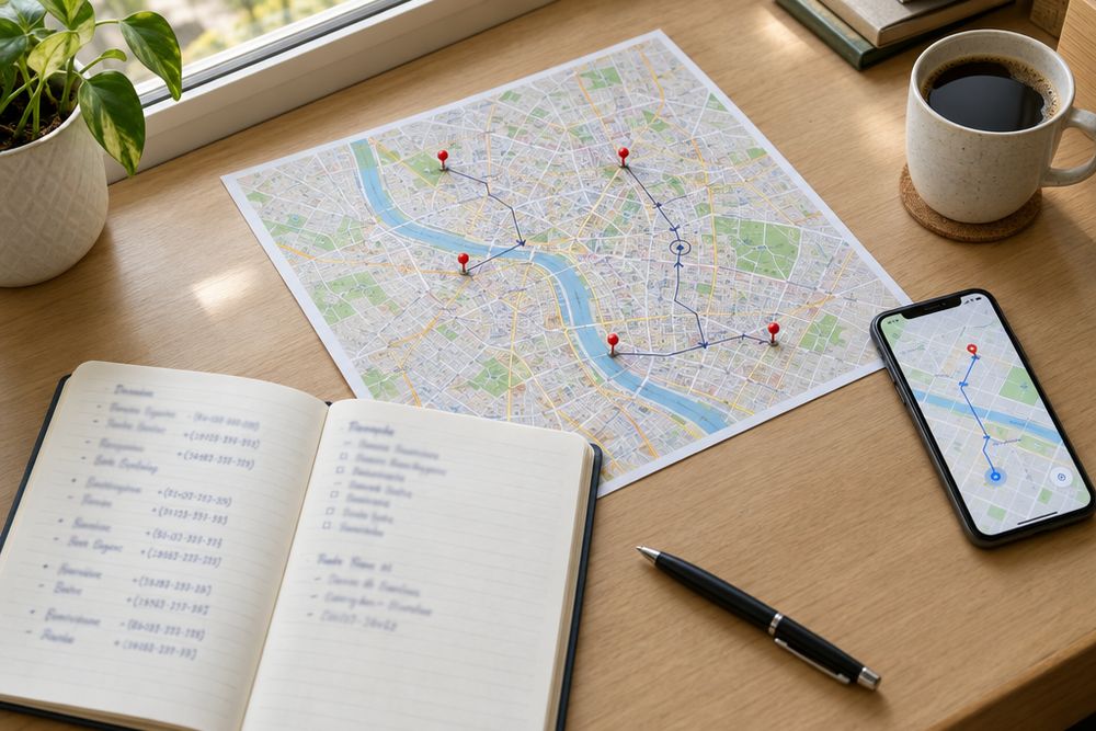 Mesa com mapa marcado com alfinetes, caderno de anotações e celular com aplicativo de mapas.