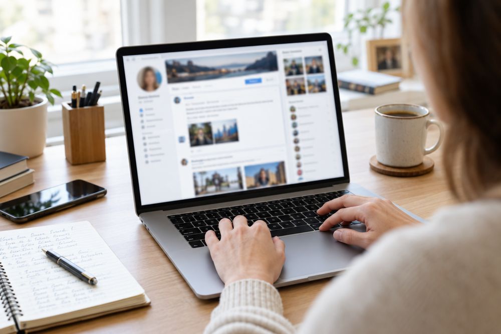 Pessoa analisando um perfil de rede social em um notebook, com caderno de anotações ao lado.