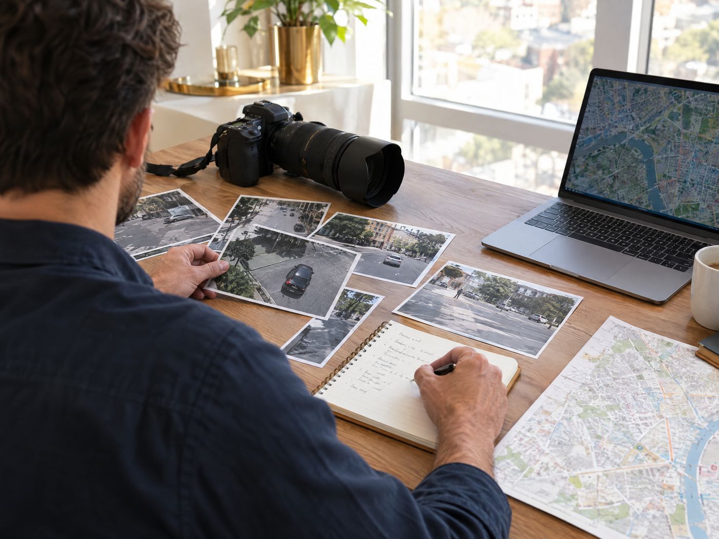 Investigador de costas, em um escritório iluminado, organizando fotografias de vigilância, mapas e anotações ao lado de uma câmera.